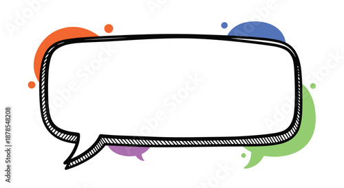 Hand-drawn speech bubble with colorful background blobs for creative communication, message, or conversation design elements.