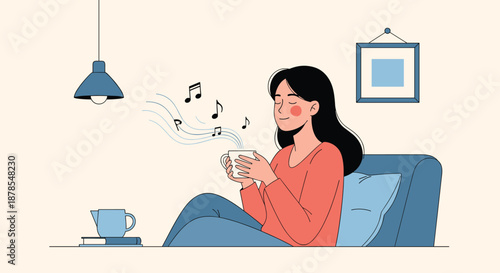 Peaceful woman sitting on a sofa and relaxing with a hot drink while enjoying soothing music with floating notes in a cozy room.