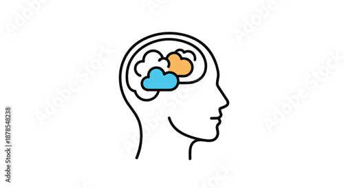 Human head profile icon featuring colorful clouds inside the brain to represent imagination, dreaming, and mental health ideas.