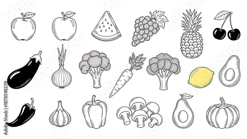 Collection of fresh fruits and vegetables in hand-drawn style isolated on white background