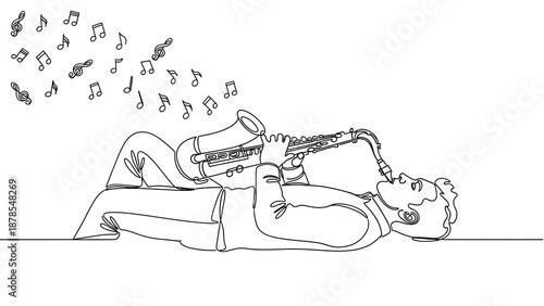 A man plays a saxophone while lying down, with musical notes floating above isolated on white background