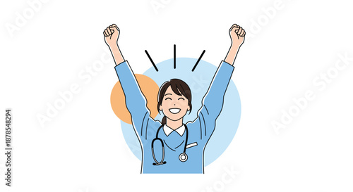 Joyful female nurse with a stethoscope raising her arms in celebration or triumph against a bright circular background pattern.