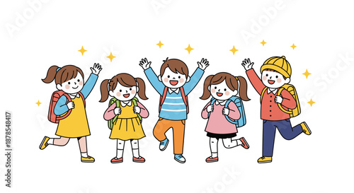 Diverse group of young school children wearing backpacks and colorful clothes jumping excitedly with stars in the background.