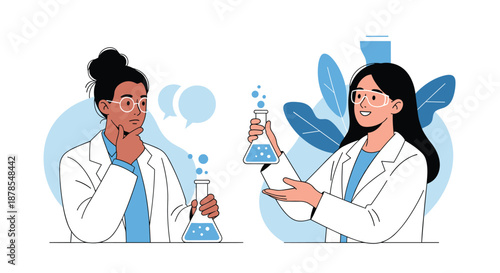 Two female scientists in a lab analyzing blue liquid in flasks while one points at something for teamwork and research themes.