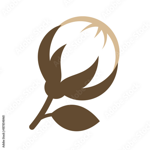 Minimal cotton bud icon with brown sepals and leaf. Flat vector illustration of cotton flower for agriculture and packaging themes