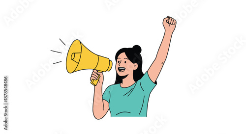 Enthusiastic young woman in a green shirt holding a yellow megaphone and shouting for protest, rally, or loud announcements.