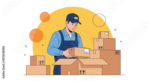 Professional delivery worker in a blue uniform is shown packing various cardboard boxes for shipment in a warehouse setting.