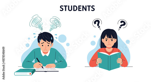 Two students sitting at their desks appear confused and frustrated while trying to study from their books and notebooks.