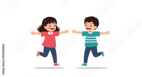 Happy boy and girl running towards each other with open arms are ready to share a warm hug in a simple cartoon style.