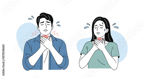 Man and woman both suffering from severe sore throats hold their necks in pain as beads of sweat run down their faces.