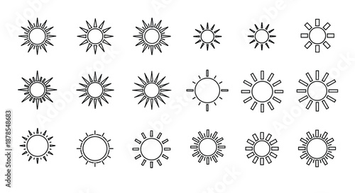 Extensive grid of eighteen diverse sun icons showcases different artistic styles for weather forecasts and summer designs.