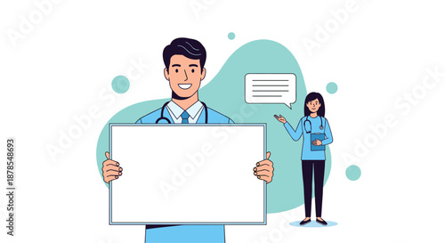 Smiling male doctor holds a large blank white sign while a female colleague gestures towards a message bubble in the background.