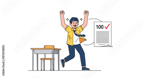Triumphant schoolboy jumps for joy in a classroom as he celebrates receiving a perfect score of one hundred on his exam.