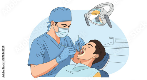 Professional dentist wearing a surgical mask and gloves performs a dental examination on a patient resting in the clinic chair.