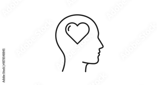Minimalist outline of a human head profile with a heart shape inside the brain area represents emotional intelligence and love.