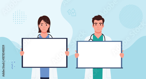 Two healthcare professionals are shown holding large blank whiteboards for custom messages against a soft blue patterned background.