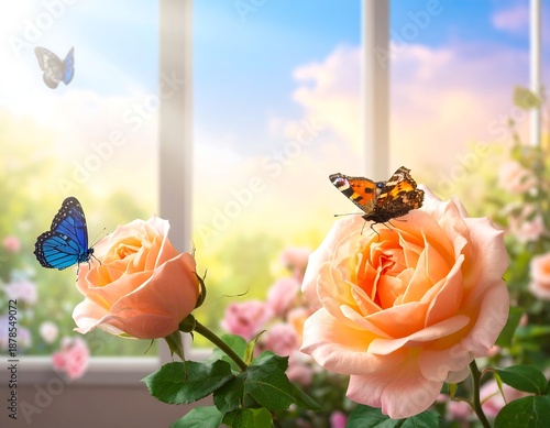 Peach roses bloom near a window, with butterflies flying around against a background of green foliage and blue sky