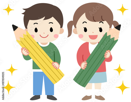 大きな鉛筆を持つ子供たちのイラスト　pencil
kids