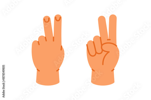 Hand showing number 2 with two fingers up. Cartoon gesture for number recognition. Flat vector for learning and kids education