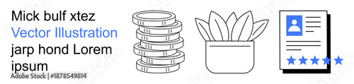 Business success, environmental care, career analysis, growth management, data organization, evaluation. Stacked coins, a potted plant and a document with stars. Financial growth and sustainability