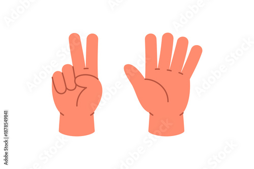 Hands showing number 7 with five fingers and two. Cartoon hand gesture for number recognition and early math visuals