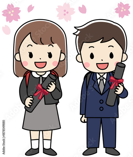 小学校卒業式に出席する子供達のイラスト