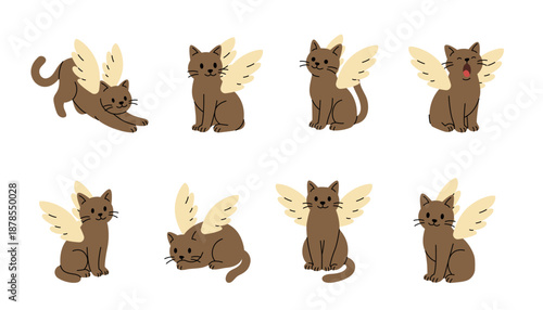 Winged cats. Minimal vector fantasy animal illustration in simple creative style