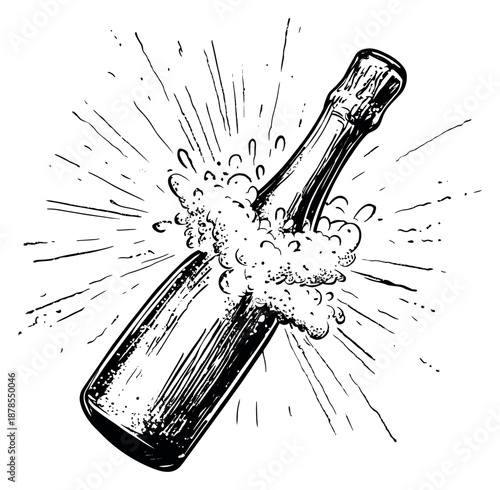 Hand drawn line art illustration of a champagne bottle depicting an explosion of foam and bubbles for celebration