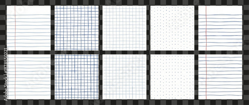 Notebook Paper Set Hand Drawn Sketchy Lines Grids Dots Blue White Stationery Vector Collection