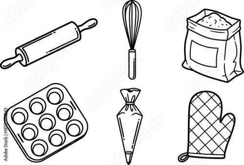 Baking essentials and tools illustration