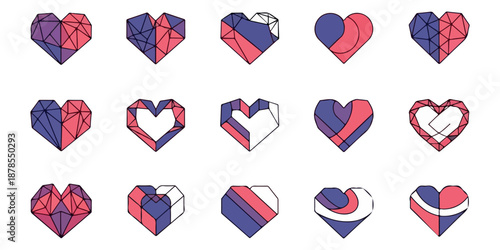 collection of various heart shapes in red and purple hues with geometric patterns on a white background high quality professional