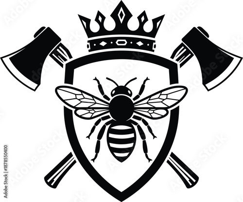 Regal Bee and Axe Emblem A Powerful Heraldic Crest Design Featuring a Crown, Shield, and Crossed Axes for Logos and Branding