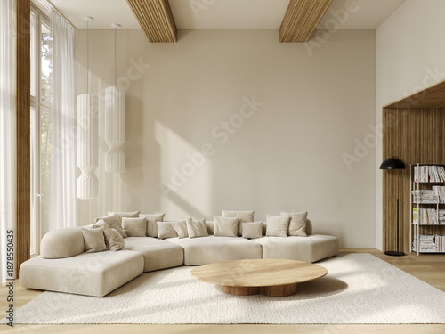 Beige interior with high ceiling, sofa with pillows, carpet, wall panels, coffee table and decor. 3d render illustration mockup