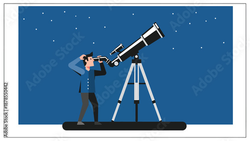 Astronomy Enthusiast Observing Stars with Telescope at Night Sky Illustration