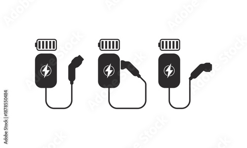 Electric charging device icons. Ev charging point station icons. Electric vehicle charging icons. Vector illustration