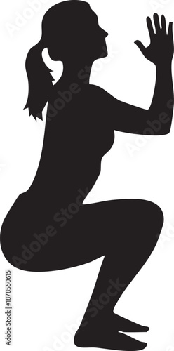 A black silhouette of a woman in a squatting position with a distinctive solid fill style.
