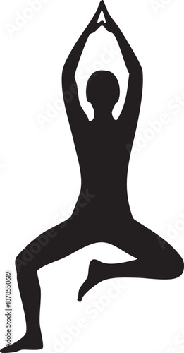 a black silhouette of a person in a yoga pose with distinctive outline and raised arms.
