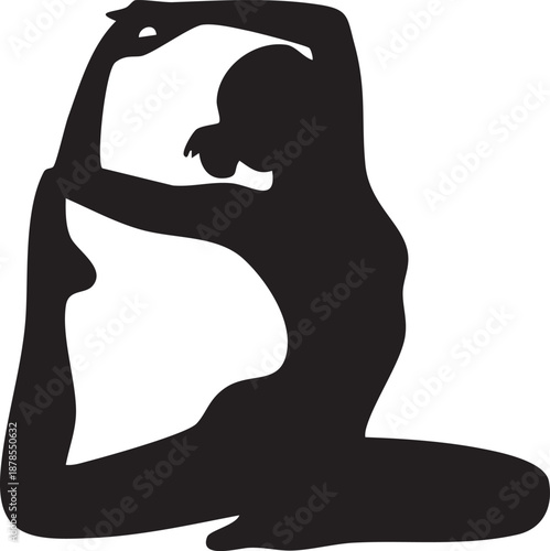 a black silhouette of a woman in a yoga pose, notable for its distinctive silhouette style.
