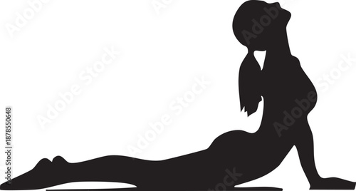 a black silhouette of a woman in a yoga pose, characterized by its distinctive solid black style.
