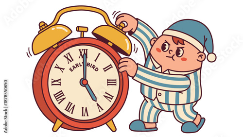 Annoyed Boy in Pajamas Silencing Alarm Clock