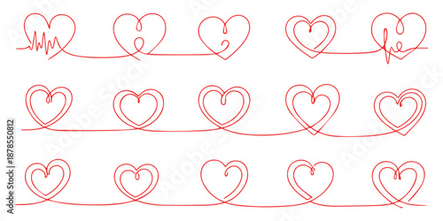 a set of red hand drawn hearts connected by lines on a white background with various styles and sizes