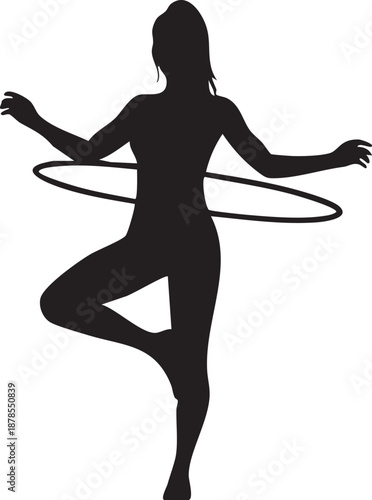 A woman in a dynamic pose with a hula hoop, featuring a striking silhouette style.
