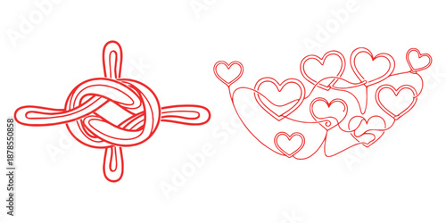 red line drawing of a nautical knot and a heart shape filled with smaller hearts on a white background