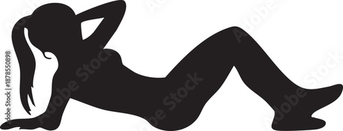 a woman in a striking black silhouette doing crunches in a distinctive solid style
