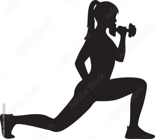 a woman in a lunge position with a dumbbell in a distinctive silhouette style
