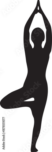 A minimalist image showcasing a yoga practitioner in a tree pose, defined by its striking silhouette style.
