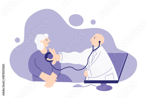 Virtual doctor consulting senior patient through computer screen for telehealth