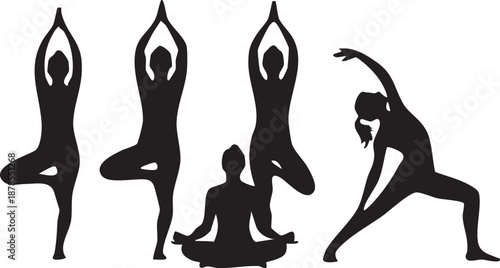This image displays various yoga asanas in a striking black silhouette style, emphasizing form.

