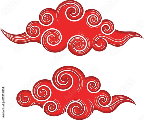 Set of Two Swirling Red Decorative Clouds with White Highlights, Stylized Asian Design Elements