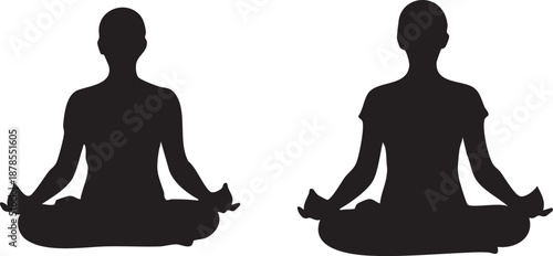 This image showcases two figures in a peaceful lotus pose, defined by a bold silhouette style.
